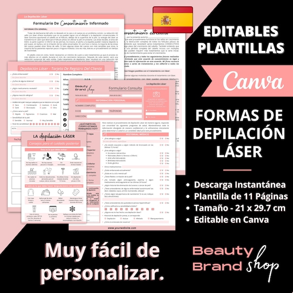 Spanish / Español Formularios De Depilación Láser, Formulario De Consentimiento, Formularios De Consulta, Instrucciones De Cuidado Posterior