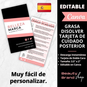 May include: A pink and white printable card with the text "GRASA DISOLVER TARJETA DE CUIDADO POSTERIOR" and a list of instructions for aftercare. The card is labelled "Editable Canva" and is 3.5 inches by 2 inches.