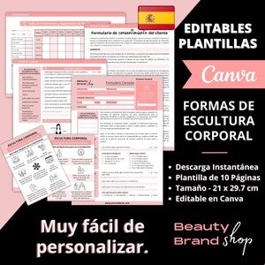 May include: Editable templates for body sculpting forms in Canva. The pink and white forms include a consent form, consultation form, and a guide for preparing for treatment. The forms are 10 pages long and measure 21 x 29.7 cm.