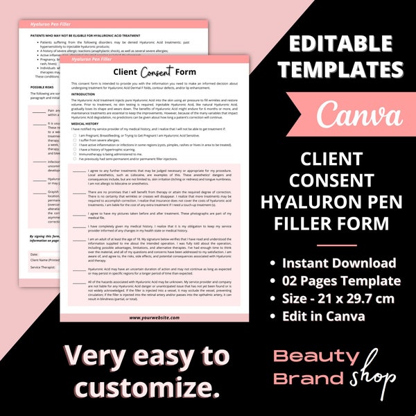 Hyaluron Pen Filler Forms, Editable Consent Form, Hyaluronic Pen Filler Forms, Client Record Form, Consultation Form, Esthetician Forms