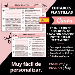 May include: A pink and black printable template for a fat dissolving treatment aftercare guide. The template includes instructions for aftercare, such as avoiding sun exposure, exercise, and hot showers. The template is editable in Canva and is available for instant download. The template is 21 x 29.7 cm.