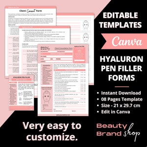 Editable Hyaluron Pen Filler Forms, Hyaluronic Pen Filler Forms, Client Record Form, Consultation Form, Consent Form, Esthetician Forms