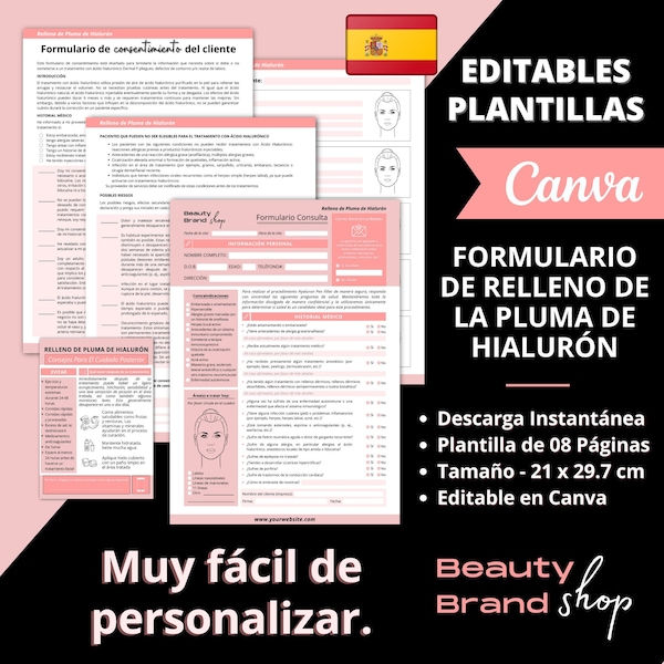 Española Formularios de relleno de pluma Hyaluron, Formulario de Consulta, Formulario de Consentimiento, Relleno de pluma Hialurónica, Canva