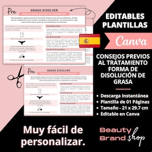 May include: A pink and black printable template for a pre-treatment guide for fat dissolving treatments. The template includes instructions for a week before, 24-48 hours before, and the day of the treatment. The template is editable in Canva and is 21 x 29.7 cm.