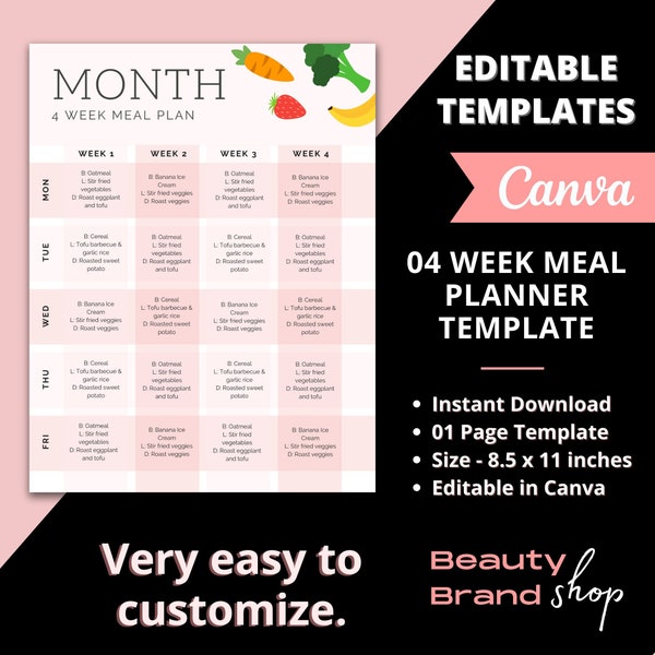 Monthly Meal Planner, Editable 4 Week Meal Planner, Digital Meal Planner, Canva Meal Planner, Food Planner, Meal Planning, Healthy Planner