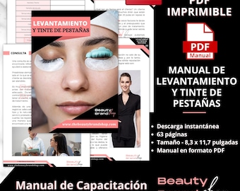 Manual de levantamiento y tinte de pestañas (versión en español), guía de capacitación sobre levantamiento y tinte de pestañas, laminación de pestañas, tratamiento de belleza para permanente de pestañas, manual de pestañas personalizado