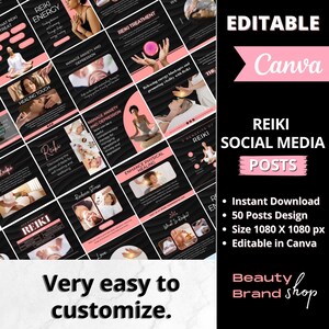 May include: A collage of images promoting Reiki social media posts. The images feature people receiving Reiki treatments, with text overlays describing the benefits of Reiki, such as reducing stress, managing anxiety, and enhancing physical healing. The text "Editable Canva" is in the top right corner of the image.