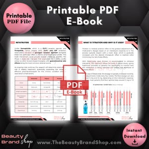 May include: A printable PDF e-book about Retatrutide, a medication for weight loss and diabetes. The e-book includes information about the medication's mechanism of action, dosage, and side effects. It also explains the concept of titration, a gradual adjustment of dosage based on an individual's response to the medication.