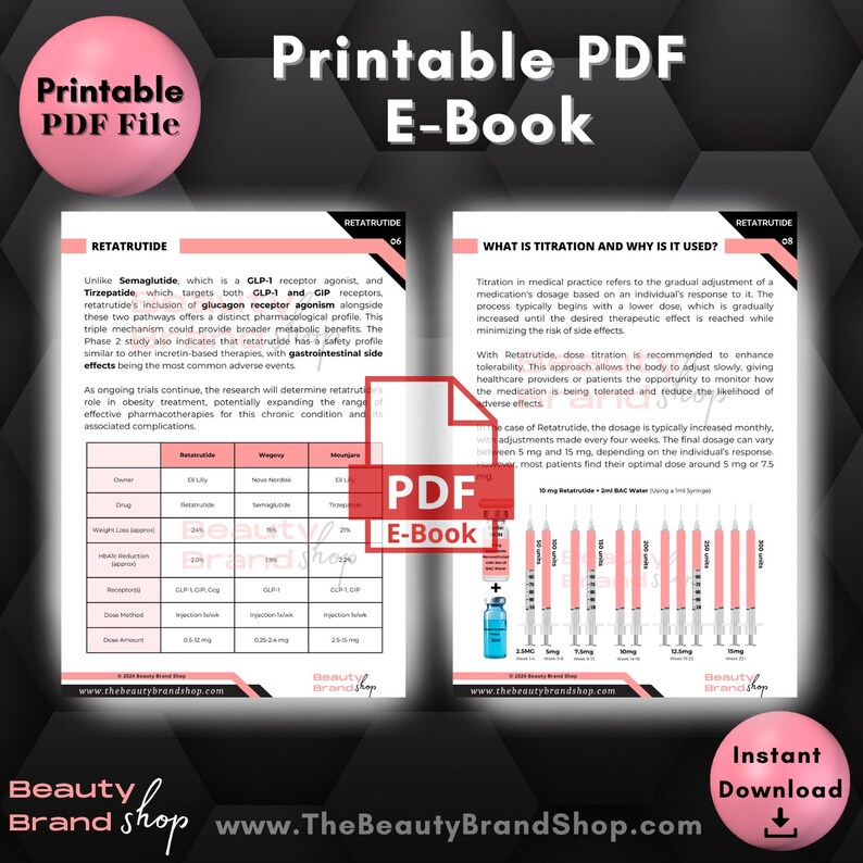 May include: A printable PDF e-book about Retatrutide, a medication for weight loss and diabetes. The e-book includes information about the medication's mechanism of action, dosage, and side effects. It also explains the concept of titration, a gradual adjustment of dosage based on an individual's response to the medication.