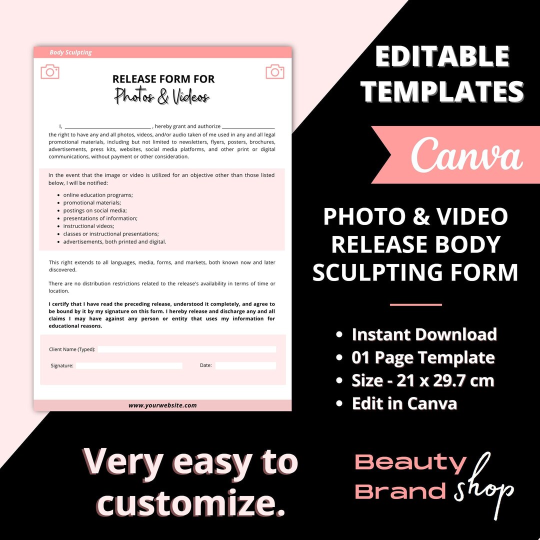 Editable Photo Release Forms, Body Sculpting Forms, Body Contouring Consent Form, Fat Cavitation