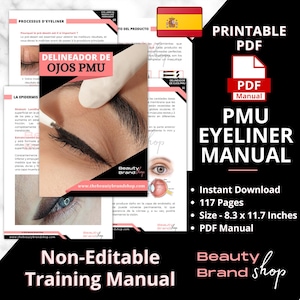 May include: A printable PDF manual for PMU eyeliner, featuring a close-up image of a woman's eye with eyeliner being applied. The manual is 117 pages long and measures 8.3 by 11.7 inches. The text on the cover reads "Printable PDF Manual PMU Eyeliner Manual Instant Download 117 Pages Size - 8.3 x 11.7 Inches PDF Manual Beauty Brand Shop Non-Editable Training Manual".