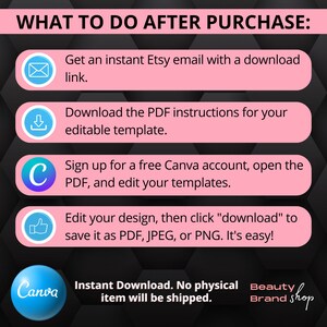 May include: A pink and white graphic with the text "WHAT TO DO AFTER PURCHASE:" and four steps to download and edit a template using Canva. The steps are illustrated with icons of an envelope, a download arrow, the letter "C", and a thumbs up. The graphic also includes the text "Instant Download. No physical item will be shipped." and the text "Beauty Brand Shop".