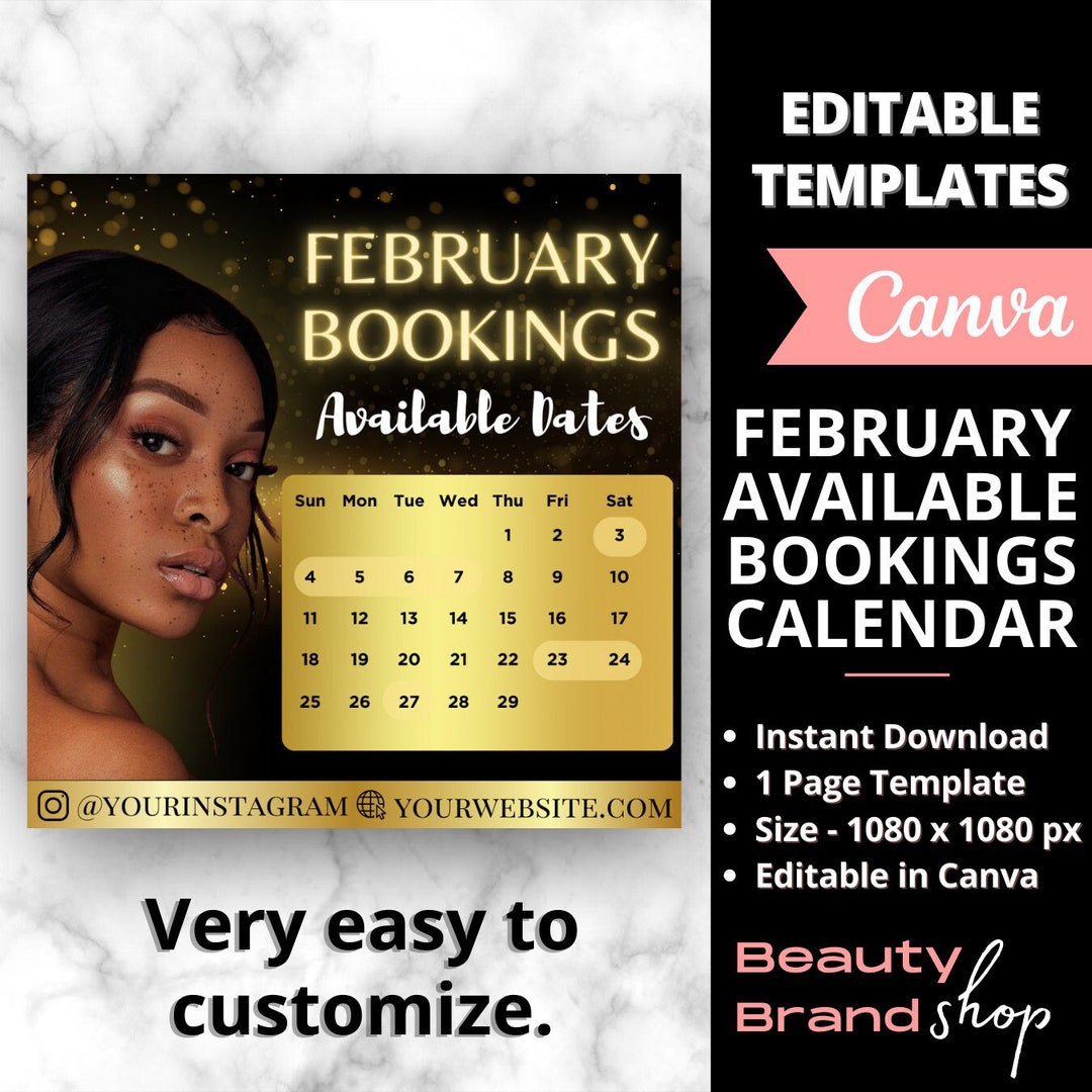 February Bookings Calendar, Gold Availability Calendar Instagram ...