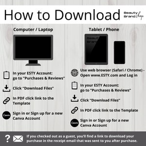 May include: A graphic with instructions on how to download a digital product from Etsy. The graphic shows a computer, tablet, and phone with steps on how to download the product. The text includes "In your ESTY Account: go to "Purchases & Reviews"" and "Click "Download Files"".