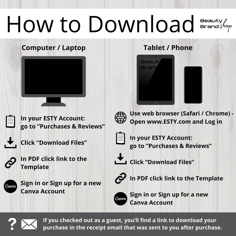 May include: A graphic with instructions on how to download a digital product from Etsy. The graphic shows a computer, tablet, and phone with steps on how to download the product. The text includes "In your ESTY Account: go to "Purchases & Reviews"" and "Click "Download Files"".