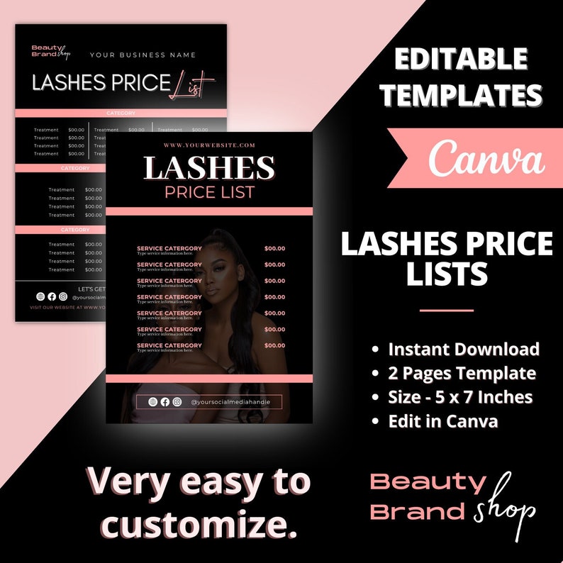 Editable Lashes Price Lists Postcard Canva Template
