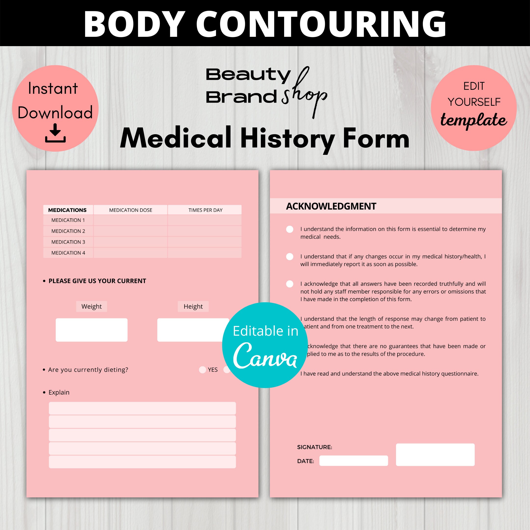 Body Contouring Medical History Form, Editable Body Contouring Consent ...
