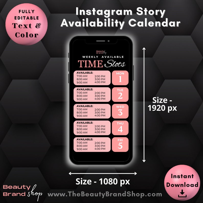 Weekly Availability Calendar Instagram Story, Black Pink Available