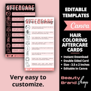 Bearbeitbare Farbige Haarpflege Kartenvorlage, Anweisungen zur Nachsorge für gefärbte Haare, minimalistisches Design Friseur Farbbehandeltes Haar-Handbuch, Spa