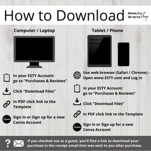 May include: A graphic illustration showing how to download a digital product from Etsy. The illustration shows a computer, tablet, and phone with steps on how to download the product. The text includes "In your ESTY Account: go to "Purchases & Reviews"" and "Click "Download Files""