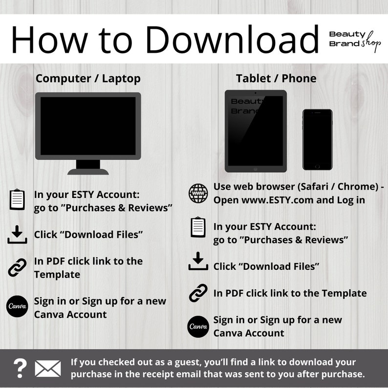 May include: A graphic illustration showing how to download a digital product from Etsy. The illustration shows a computer, tablet, and phone with steps on how to download the product. The text includes "In your ESTY Account: go to "Purchases & Reviews"" and "Click "Download Files""
