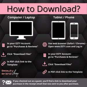 May include: A pink and black graphic with instructions on how to download a digital purchase from Etsy. The graphic shows a computer, tablet, and phone with icons for downloading files and accessing the Etsy account.