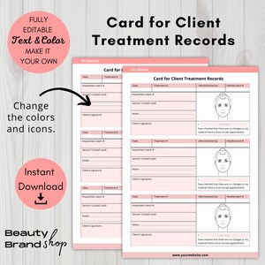 Op de afbeelding: Roze en witte printbare behandelingskaarten voor klanten met een lijntekening van een vrouwen gezicht. De tekst op de kaart luidt "Card for Client Treatment Records".
