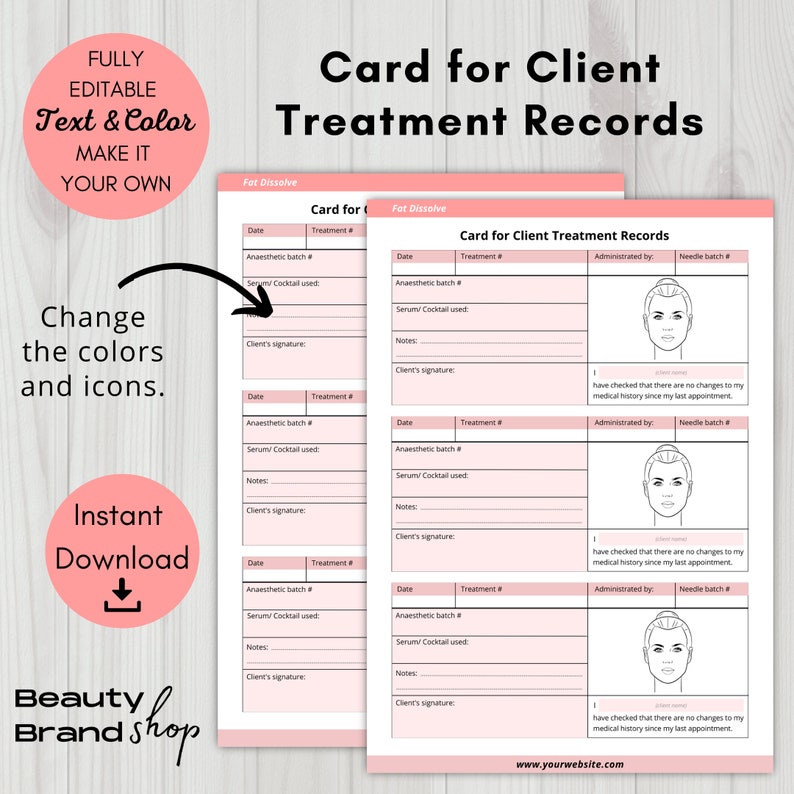 Op de afbeelding: Roze en witte printbare behandelingskaarten voor klanten met een lijntekening van een vrouwen gezicht. De tekst op de kaart luidt "Card for Client Treatment Records".