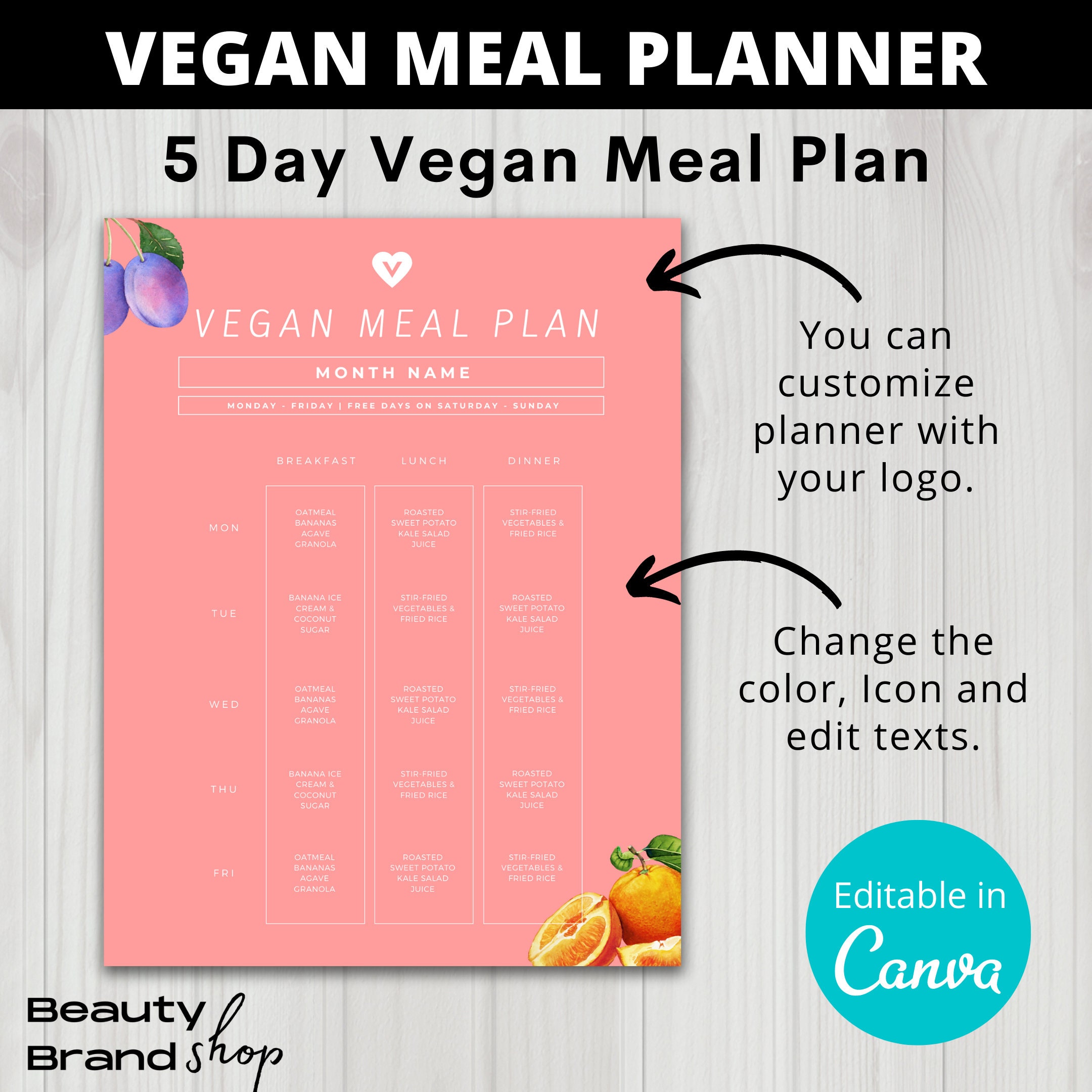 5 Day Vegan Meal Planner, Editable Meal Planner, Printable Vegan Meal ...