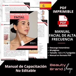 Könnte beinhalten: Ein digitales Download-Produkt in Pink und Schwarz für ein Handbuch für Gesichtsbehandlungen mit Hochfrequenz. Das Handbuch umfasst 66 Seiten und ist 8,3 Zoll mal 11,7 Zoll groß. Das Handbuch liegt im PDF-Format vor. Das Bild zeigt auch eine Frau, die ein Hochfrequenz-Gesichtsgerät verwendet.