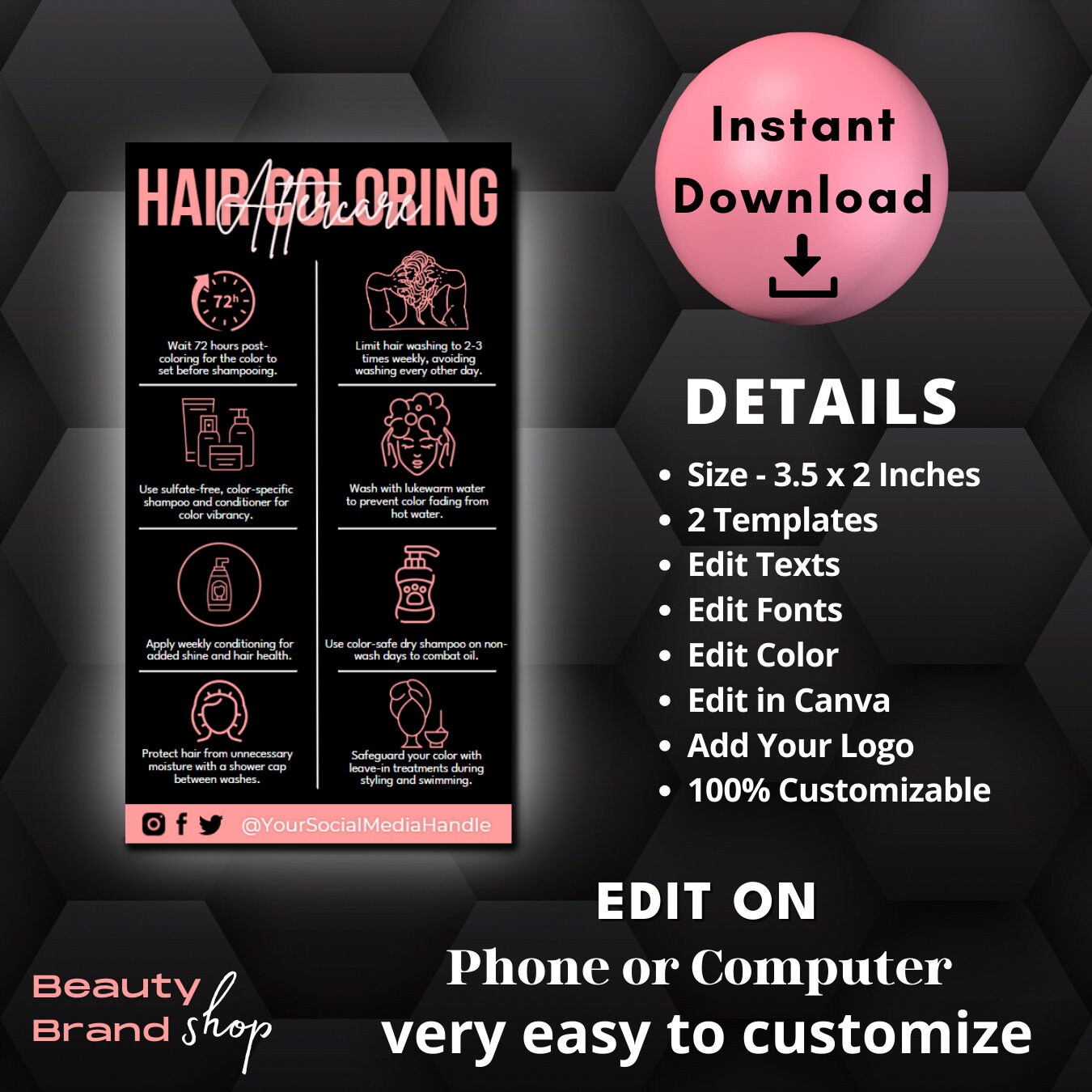 Editable Colored Hair Care Card Template, Dyed Hair Aftercare ...