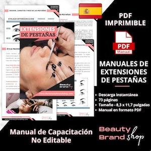 Könnte beinhalten: Ein digitaler Download in Schwarzweiß für Schulungshandbücher für Wimpernverlängerungen. Das Cover zeigt eine Frau, die sich Wimpernverlängerungen machen lässt. Der Text auf dem Cover lautet "Manuales de Extensiones de Pestañas" und "Beauty Brand Shop".