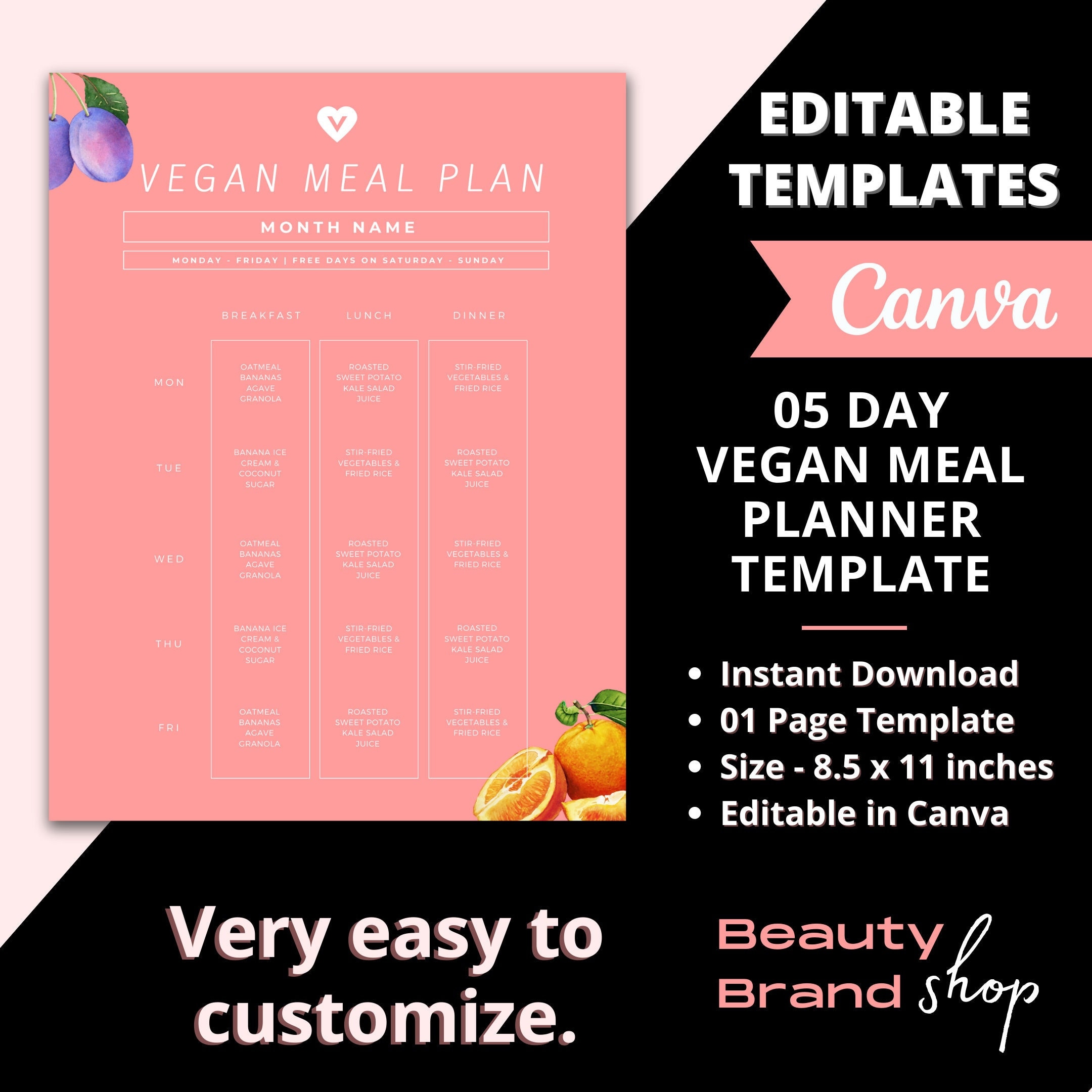 5 Day Vegan Meal Planner, Editable Meal Planner, Printable Vegan Meal ...