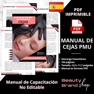 Puede incluir: Una portada de descarga digital rosa y negra para un manual PDF de 104 páginas sobre microblading de cejas. La portada presenta a una mujer con sus cejas siendo microbladed, un primer plano de la herramienta de microblading y el texto "Manual de Cejas PMU".