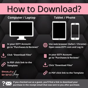 May include: A graphic illustration showing how to download digital files from Etsy.com. The illustration shows a computer, tablet, and phone with instructions on how to download files from your Etsy account.
