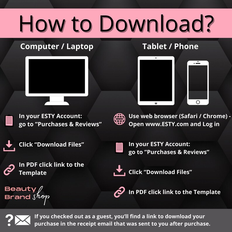 May include: A graphic illustration showing how to download digital files from Etsy.com. The illustration shows a computer, tablet, and phone with instructions on how to download files from your Etsy account.