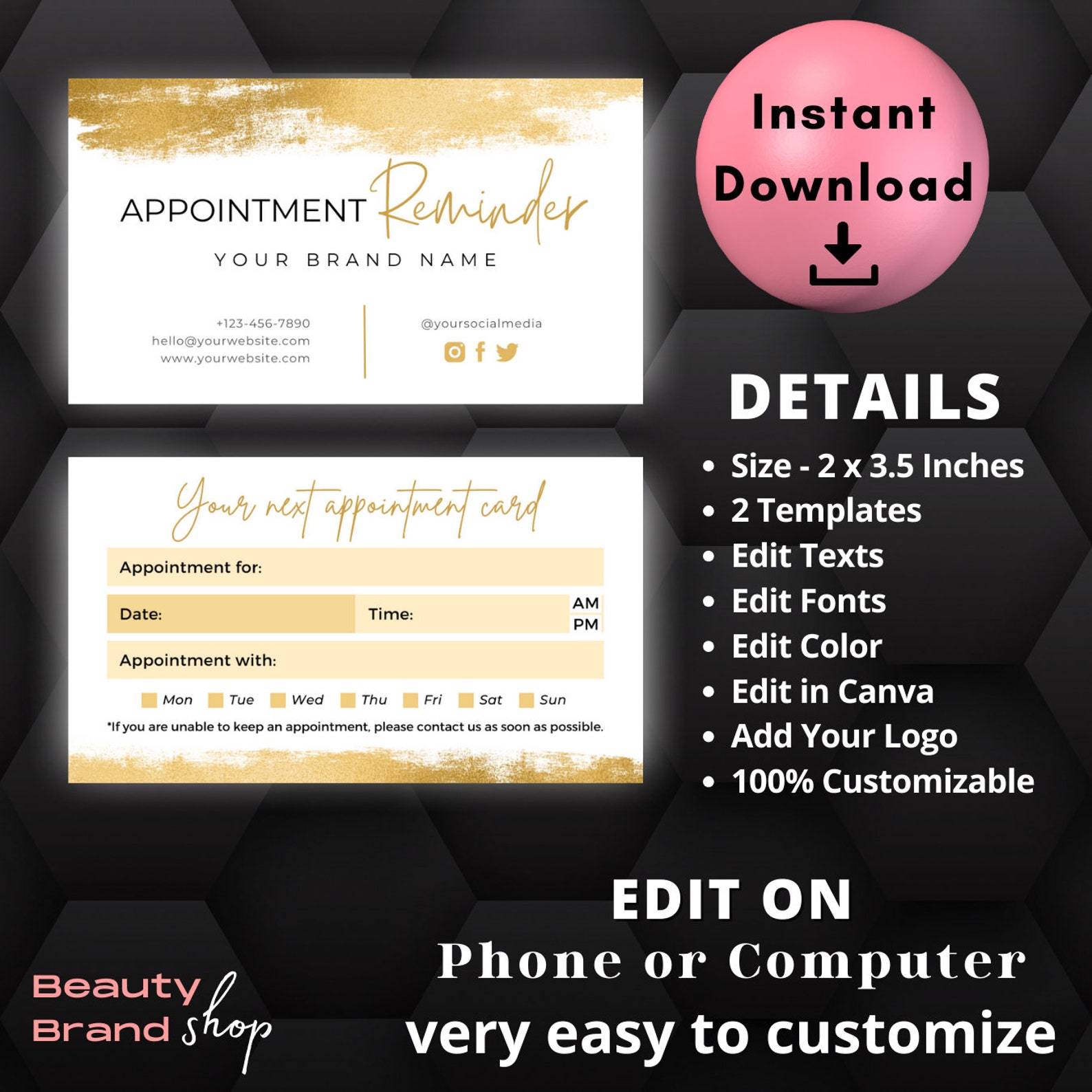 Gold Effect Next Appointment Card Template, Editable Appointment Cards ...