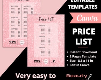 May include: Pink glitter-textured price list template with the text "Price List" and service details. Includes the text "Editable Templates Canva PRICE LIST" and "Very easy to customise."