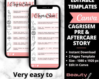 May include: Editable Canva template for a pre and aftercare story for a product called Cagrisema. The template is pink and black with illustrations of a glass of water, a syringe, a scale, and a pill bottle. The text "Cagrisema Pre & Aftercare Story" is in large, bold, black letters. The text "Instant Download, 2 Pages Template, Size - 1080 x 1920 px, Edit in Canva" is in black letters.