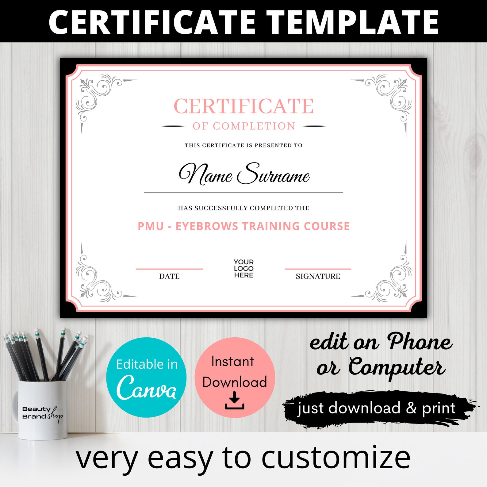 Editable Certificate Template, Stylish Certificate, Pink Course Award ...