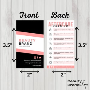 May include: A pink and black business card with the text "Beauty Brand" and the company's name, website, and social media handles. The back of the card has the text "Aftercare HIFU 7D" and a list of instructions for aftercare.