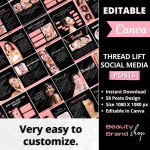 May include: A set of 58 social media post templates for thread lift treatments. The templates are designed in Canva and feature a black and pink color scheme with images of women's faces. The text on the templates includes information about thread lifts, such as the benefits, what areas can be treated, and how long it takes to see results. The templates are editable in Canva, making it easy to customize them for your own business.