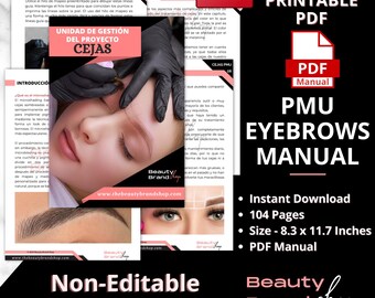 Könnte beinhalten: Druckbares PDF-Handbuch für PMU-Augenbrauen. Das Handbuch umfasst 104 Seiten und misst 8,3 x 11,7 Zoll. Das Cover zeigt eine Frau, deren Augenbrauen bearbeitet werden, und der Text "Nicht bearbeitbares Trainingshandbuch" befindet sich unten.