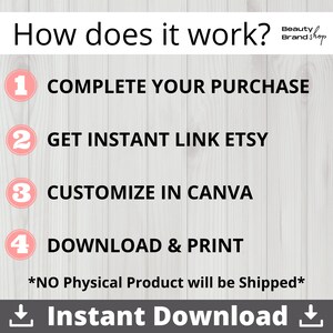 Op de afbeelding: Een grafiek met vier stappen over het gebruik van een digitaal product. De stappen zijn: 1. Voltooi je aankoop, 2. Ontvang een directe link naar Etsy, 3. Pas aan in Canva, 4. Download en print. De tekst *GEEN fysiek product wordt verzonden* staat onder de stappen. De tekst Direct downloaden staat onderaan de grafiek.