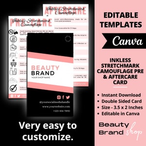May include: A pink and black double-sided card with the text "Inkless Stretchmark Camouflage Pre & Aftercare Card". The card includes instructions for pre and post-care for stretchmark camouflage treatments. The card also includes the text "Beauty Brand" and a social media handle and website address.