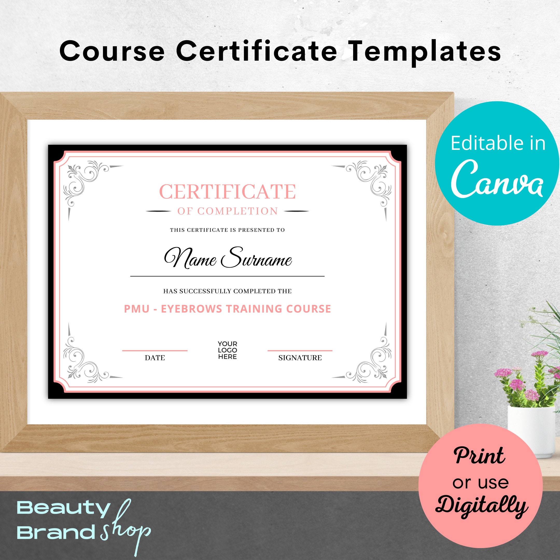 Editable Certificate Template, Stylish Certificate, Pink Course Award ...