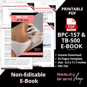 Puede incluir: Una portada de libro electrónico de descarga digital rosa y negra con el título "BPC-157 & TB-500 E-BOOK". La portada presenta una imagen de primer plano del abdomen de una persona con una aguja inyectando un líquido transparente. El libro electrónico tiene 32 páginas y mide 21,1 cm x 29,7 cm.
