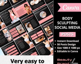 May include: A set of 50 social media post templates for a body sculpting business. The templates are designed in Canva and feature a black and pink color scheme with images of women receiving body sculpting treatments. The text on the templates includes phrases like "Body Sculpting", "Wood Therapy", "Tight Skin Treatment", and "Radio Frequency".