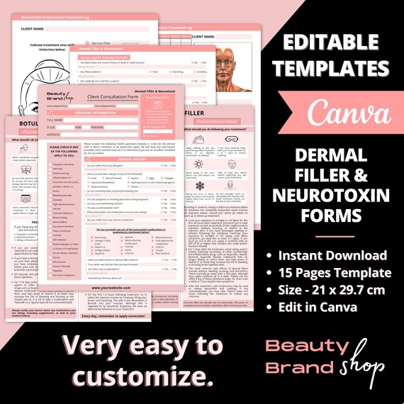 Editable Dermal Filler and Neurotoxin Forms, Botox/ Botulinum Toxin Forms, Consent Form, Nurse Injector Forms, Filler Aftercare, Canva Forms