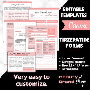May include: A collection of pink and white editable templates for Tirzepatide forms, including consent, treatment, and consultation forms. The templates are designed for easy customization in Canva, with a size of 8.3 x 11.7 inches.